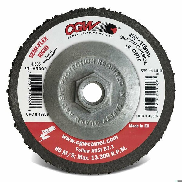 Cgw Abrasives Type 27 Flat Semi-Flex Rigid Coated Abrasive Depressed Center Disc, 4-1/2 in Dia, 16 Grit, Coarse Gr 49607